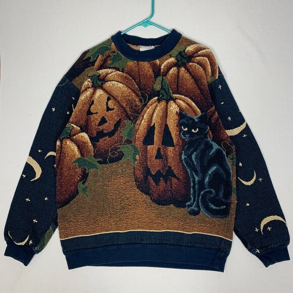 Sugar Street Weavers Pumpkins Cats Halloween Sweater One Size Made in USA - Picture 1 of 16